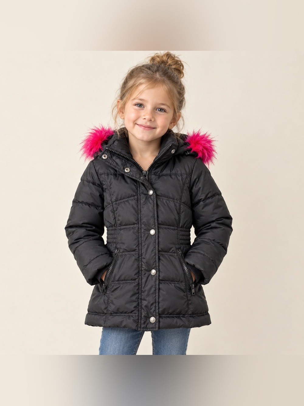 Diesel Kids Black Down Puffer Jacket With Hot Pink Faux Fur Hood Girls Size 4